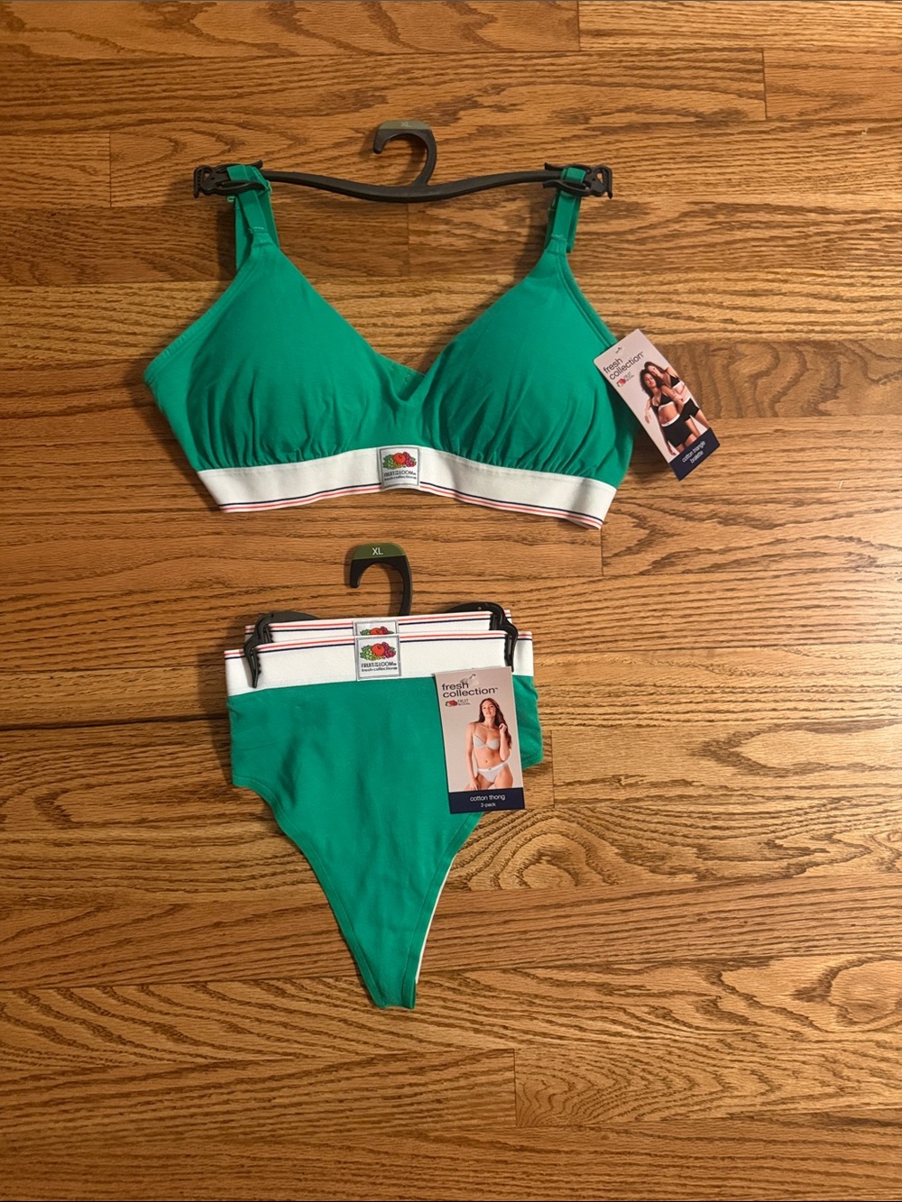 NWT Fruit of the Loom XL Green Bralette + 2 Cotton Thongs 3 Pc Set